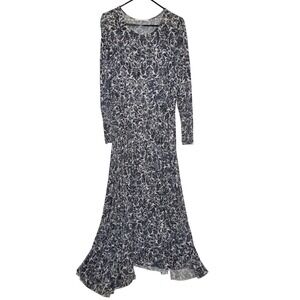 Peruvian Connection Damask Floral Jersey Knit Long Sleeve Maxi Dress Blue White